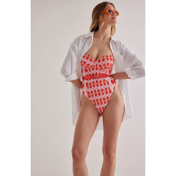 NWT Maeve Belted Red Pink One-Piece Swimsuit - Small - Picture 1 of 6